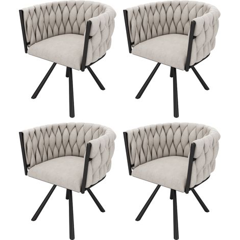Chaise de salle à manger en lin, lot de 4, fauteuil pivotant léger et luxueux pour salon et chambre, chaise de loisirs pivotante avec quatre pieds de soutien en métal, lin beige et noir (1/5)