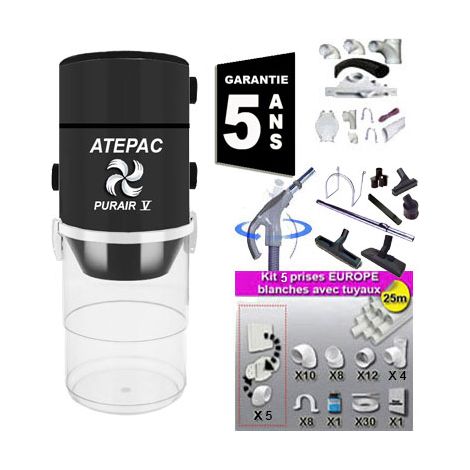 Aspiration centralisée ATEPAC PURAIR V garantie 5 ans (jusqu'à 500 M²) + Set inter 9 M + 8 accessoires + kit 5 prises + kit prise balai + kit prise garage (1/5)