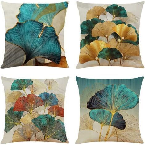 Set of 4 Printed Cushion Cover 45x45CM Turquoise and Gold Linen Pillowcases Decorative Sofa Cushions Gold Ginkgo Modern Decorative Cushion Covers (1/5)