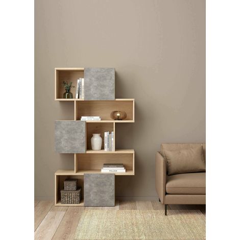 Dmora - Estante para libros Acetosella, Estante de oficina, Porta libros móvil, Biblioteca, 96x32 h166 cm, Roble y Cemento (1/5)