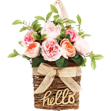 Couronne Artificielle Printemps - Panier En Rotin Avec Fleurs Réalistes - Décoration Porte D'Entrée Intérieur Extérieur - 1 Pièce (1/5)