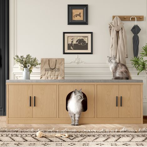 Meuble cache-litière pour chat 140 x 40 x 45,5 cm avec tapis griffoir, chêne HAVRYA (1/5)