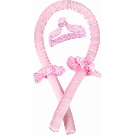 Lot de bandeau et pinces à friser sans chaleur, fixation en caoutchouc rose pour coiffure nocturne (1/5)