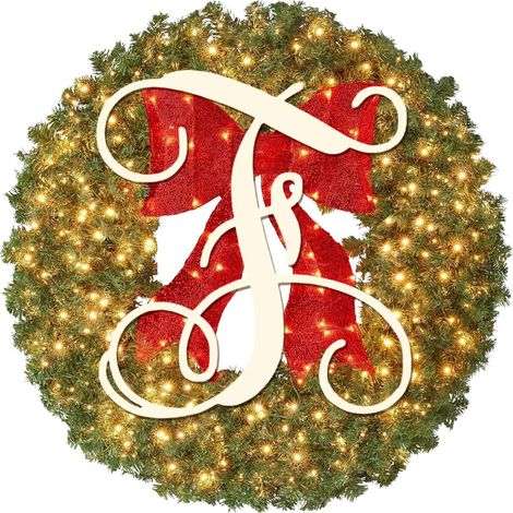 Guirlande De Noël Personnalisée - Couronne Lumineuse En Plastique Avec Initiale - Pour Porte D'Entrée Intérieure Ou Extérieure - 40 Cm - Avec Rubans Rouges - 1 Pièce (1/5)