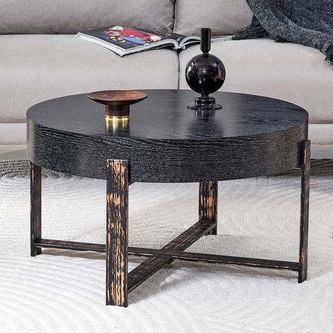 Table d’appoint ronde noire moderne minimaliste Ø 68 cm, structure stable avec motif bois élégant et base croisée en métal
