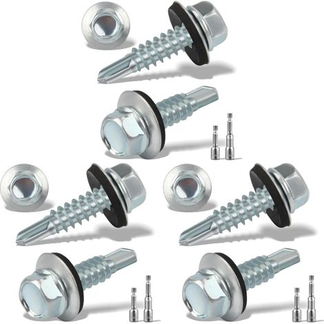 120 Pcs Vis Autoperforante 4,8x19MM Pour Metal, Bac Acier, Toiture - Auto-Taraudeuses à Tête Hexagonale Avec Rondelle D'étanchéité - 2 Douilles Hexagonales Incluses - Galvanisées, Argenté (Lot de 3) (1/5)