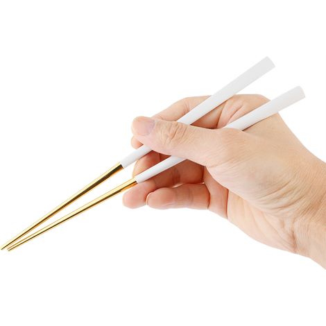 Set de baguettes et cuillère en acier inoxydable réutilisable, vaisselle de table (blanc doré) (1/5)
