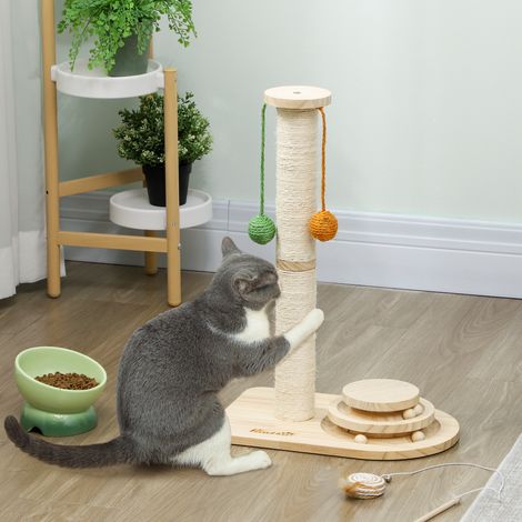 Tiragraffi per gatti alto 56,5 cm con 3 palline pendenti, gioco Track Ball in legno naturale