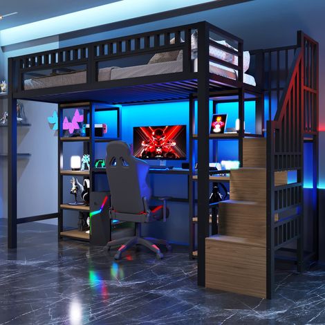 Cama alta 90x200 con estructura de hierro, estante, escalera con almacenaje, cama litera infantil con escritorio, tira LED y puerto USB – sin colchón (1/5)