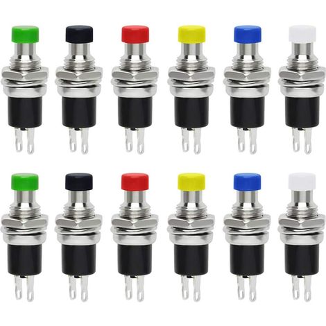 12Pcs 7mm Mini Interrupteur à Bouton Poussoir Momentané, Interrupteur à Bouton-Poussoir Normalement Ouvert, 2 Broches SPST Micro Commutateur 1A 250V AC (6 Couleurs) (1/5)