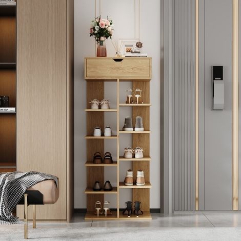 Armoire à chaussures moderne et multifonctionnelle, étagère à chaussures ouverte avec 1 tiroir et 10 compartiments de rangement, armoire à chaussures d'entrée, couleur bois, 55 × 33 × 133 cm (1/5)