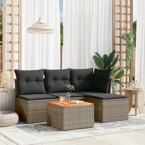 Ensemble salon de jardin 5 pièces gris résine tressée avec table acacia et coussins amovibles meuble d'extérieur modulaire durable pour terrasse patio (1/3)