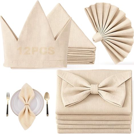 Lot de 12 Serviettes en Tissu Beige 40x40cm, Serviette de Table Coton Réutilisables, Serviettes Lavables pour Famille Cuisine, Décoration de Table pour Fêtes, Mariages, Anniversaires, Noël, Restaurant (1/5)