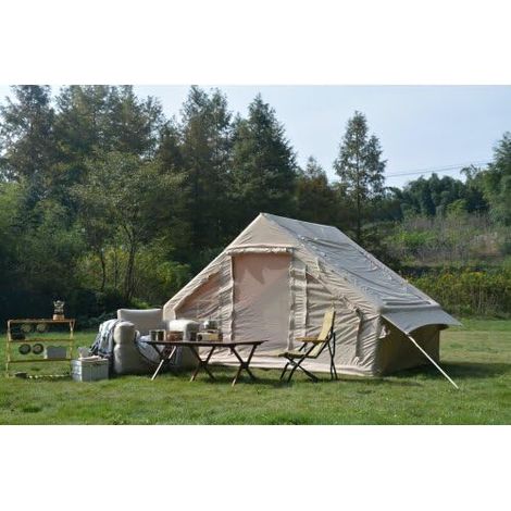 Tente gonflable familiale 4-6 places 4 saisons, imperméable PU3000 mm avec passage pour poêle, tissu 300D, pour camping jardin randonnée, pompe incluse, Beige