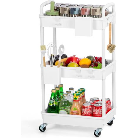 Chariot de Cuisine a 3 Niveaux,Chariot Mobile,Chariots de Cuisine pour Salle de Bain,gobelets Suspendus supplémentaires,Étagère de Cuisine avec roulettes,pour Cuisine,Salle Bain,Bureau,Blanc (1/5)