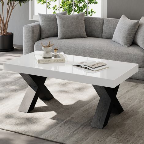 Mesa de Centro Rectangular con Patas en X, Tablero Lacado Brillante, para Salón, MDF, Blanco y Negro, 100 × 50 × 40 cm (1/5)