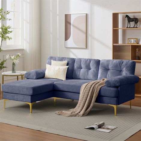 Canapé d'Angle en L 3 Places - 187.5x130x79cm - Méridienne Réversible Tissu Chenille Pieds Métal Confortable - Bleu (1/5)