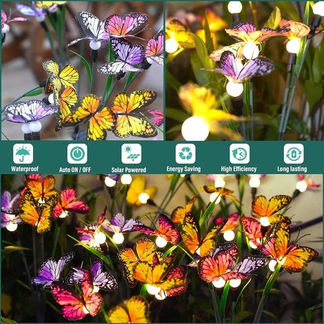 2 lampes solaires papillon 12LED, IP65, lucioles, jardin/passage/anniversaire. (1/4)