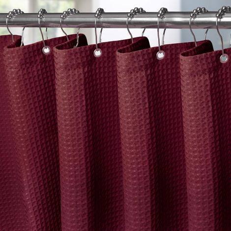 Rideau de Douche Motif Gaufre avec Anneaux en Métal Imperméable Anti-Moisissures Polyester Tissu Rideau Salle de Bain Lourd pour Baignoire Cabine de Douche - 152x214CM (Bordeaux) (1/5)