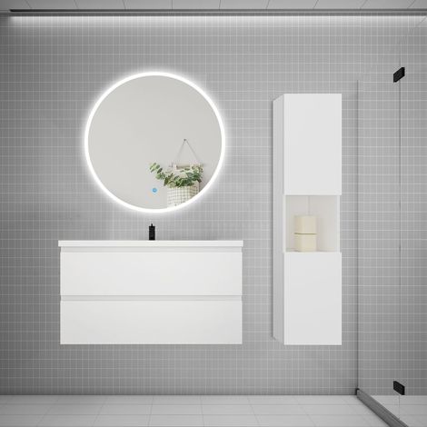 AICA Ensemble meuble vasque L.99cm 2 tiroirs + lavabo + LED miroir rond 90cm + colonne,blanc (1/5)