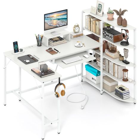 Bureau d'angle en Forme de L, Bureau d'Ordinateur avec Tiroir pour Clavier, Compartiments de Rangement, Port de Charge USB, Prise de Courant, Table de Travail pour Bureau à Domicile (Blanc) (1/2)