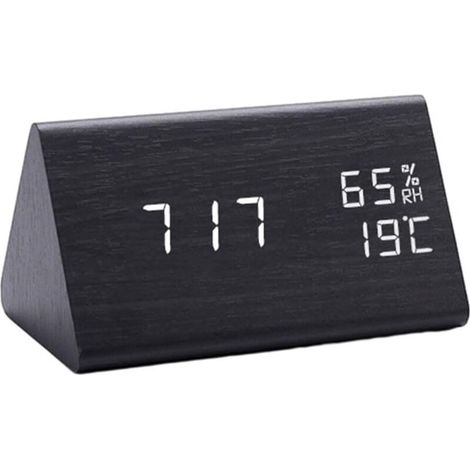 Lntyq Réveil numérique en bois, température et humidité, affichage LED transparent, horloge de chevet en bois (noir)