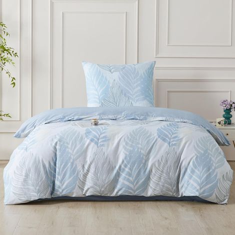 Bettwäsche-Set 155x220 cm 2-teilig Baumwolle mit Blattmuster Blau, Reißverschluss
