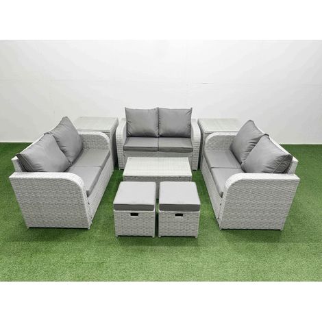 Fimous 9 Seater PE Wicker Rattan Furniture Sofa Sets with Rectangular Coffee Table 2 Seater Love Sofa 3 Stool 2 Side Table Light Grey (1/4)
