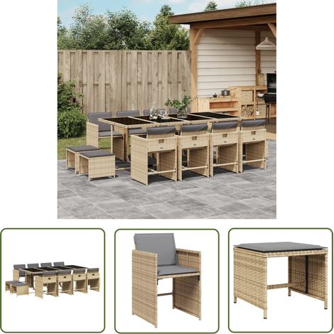 The Living Store 13-tlg. Garten-Essgruppe mit Kissen Beigemischung Poly Rattan - Gartenmöbel Set - Gartentisch - Gartenstühle - Gartenhocker - Rattan Möbel (1/5)