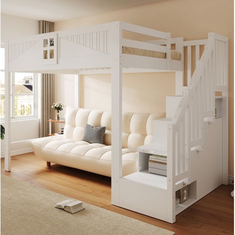 Lit mezzanine 140/200 cm blanc en bois avec échelle réversible et rangements (1/5)