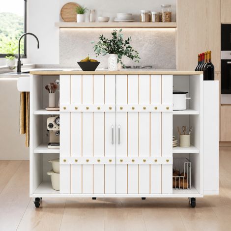 Carrito de cocina 110x42x90 cm en MDF blanco, con almacenamiento compacto FloraGrace