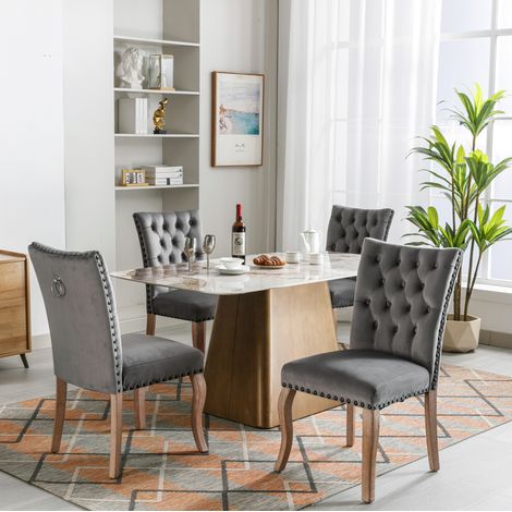 Chaise salle manger velours gris clous bois massif HAVRYA (1/5)