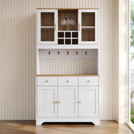 Credenza alta in MDF bianco effetto legno 94,5x30x175,5 cm, 5 ante, 3 cassetti e vani aperti (1/5)