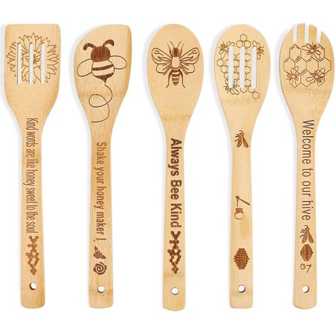 5 Pièces Usiles de Cuisine, Bambou, Motif Abeille, Antiadhésif, Spatule et Cuillère, Cadeau Noël (1/5)