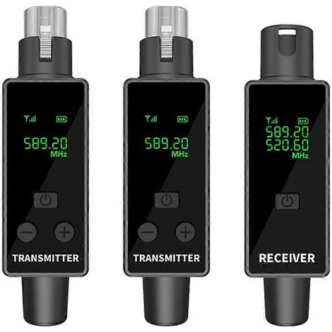 Adaptateur microphone XLR 2,4 GHz, système émetteur-récepteur sans fil pour microphones dynamiques, guitares et tables de mixage audio (2 émetteurs, 1 récepteur). (1/5)