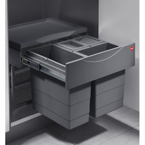 Poubelle de cuisine tri sélectif 2 bacs encastrable 28L (12+8+8) Hailo Raumspar Tandem S Coloris - Gris Anthracite (1/3)