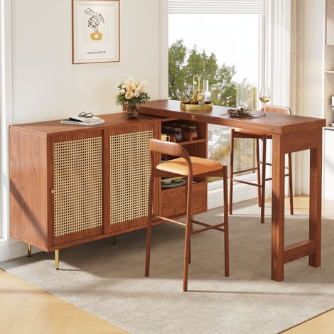 Îlot de cuisine 360° 107x40x71,4 cm,table de bar pivotante avec rangement, porte en rotin, étagère ouverte, mdf, marron (1/5)