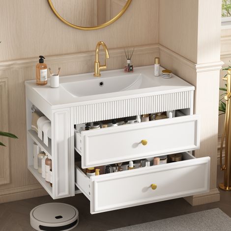 Mueble de lavabo suspendido 81x47 cm MDF blanco con lavabo cerámico - CHICFURN (1/5)