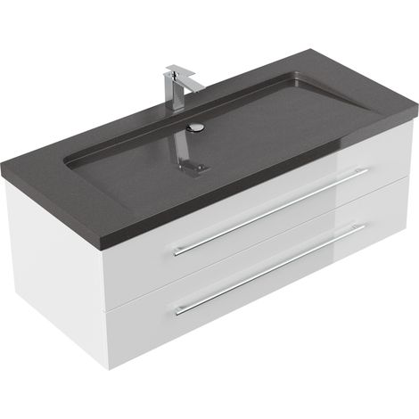 Badmöbel Granit India Black Damo 130 cm 1 Hahnloch SoftClose weiß hochglanz