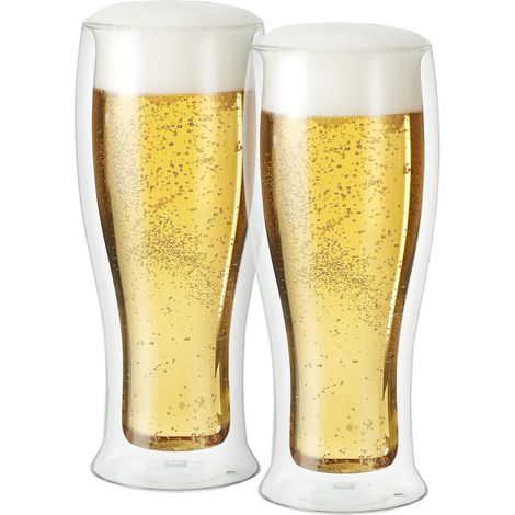 Lot de 2 chopes à bière en verre à double paroi isolante de 400 ml (14 oz), garde la bière fraîche plus longtemps même en extérieur, un design élégant – idéal pour les bières Ale, Lager, Stout et Pils