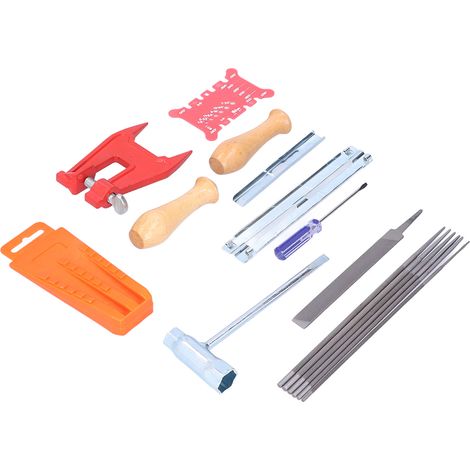 Set mit 16 Zubehörteilen zum Schärfen von Kettensägenketten: Flachfeilen, Griff, Rundfeilen, Schneidkanten und mehr (doppelt in Luftpolsterfolie verpackt) (1/5)