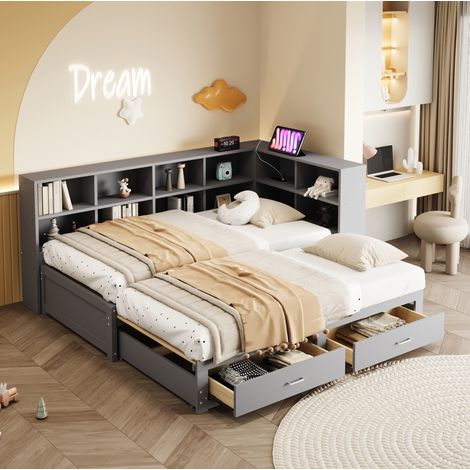 CHICFURN Cama nido 90/180x190 cm de madera gris con almacenaje, enchufes y sin colchón (1/5)