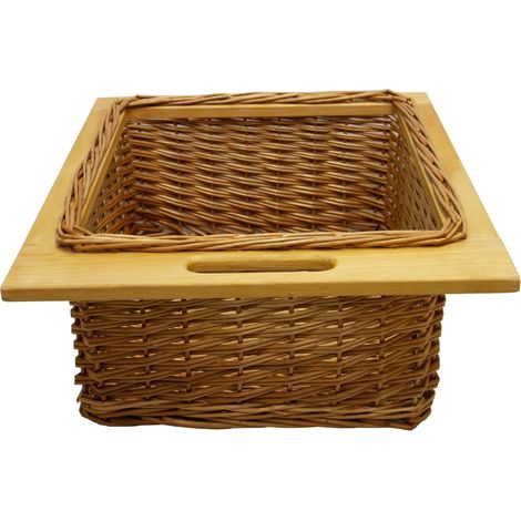 Lot de 1 x Panier de Rangement Coulissants en Pin Lot de 1 x Panier de Rangement Coulissants en Osier pour Cuisine, Salle de Bain, Chambre, Penderie - 500 mm / 50 cm Brun Solide Jusqu'à 10Kg Design Dé