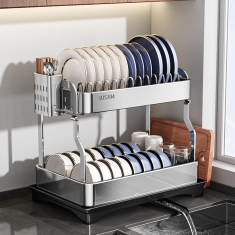 Egoutoire Vaisselle Cuisine, 2 Niveaux égouttoir à Vaisselle INOX sur evier seche Vaisselle egoutoire Vaisselle Dish Drying Rack Plateau à Couverts et Support pour Planche à découper (1/5)