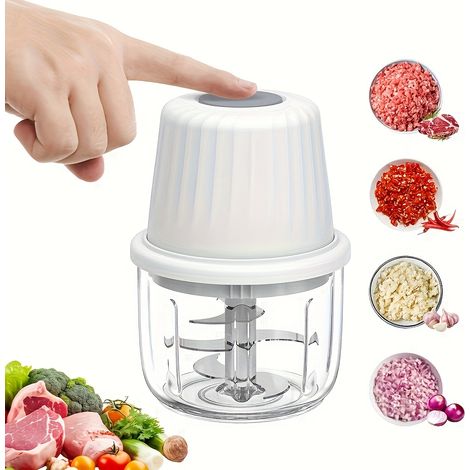 Tritatutto elettrico da 400 ml, ricaricabile tramite USB, con 6 lame, portatile, ideale per tritare aglio e verdure, frutta e carne, cipolle e sedano. (1/5)