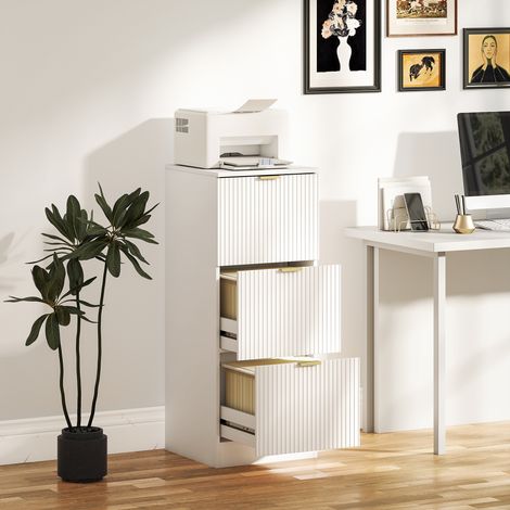 Cajonera de Escritorio con 3 Cajones Frentes Acanalados Mueble Archivador para Tamaño A4 o Carta 40x40x101 cm Blanco (1/5)