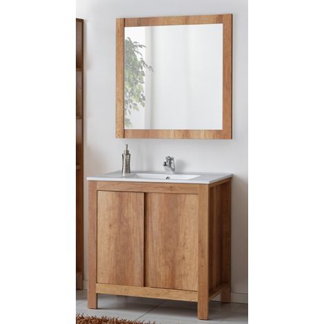 Ac-Deco – Ensemble meuble vasque avec miroir 80 cm – Bois chêne romanesque – Système de fermeture amortie – Montage à fixer au mur