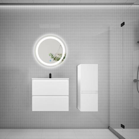 Ensemble meuble vasque L.60cm 2 tiroirs + lavabo + LED miroir rond 60cm + colonne,blanc meuble (1/5)