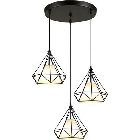 3 Luces Industrial Lámpara de Techo - Abajur de Jaula de Hierro Lámpara Colgante Base E27 para Pasillo Salón Restauarante (Negro) (1/4)