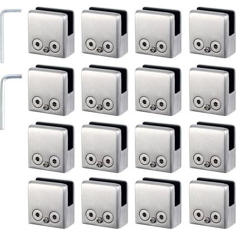 - Pinces à verre,16 pièces en acier inoxydable 304 de 8 à 10 mm,Supports de verre réglables à dos plat, Convient pour les rampes d'escalier, les mains courantes (1/4)
